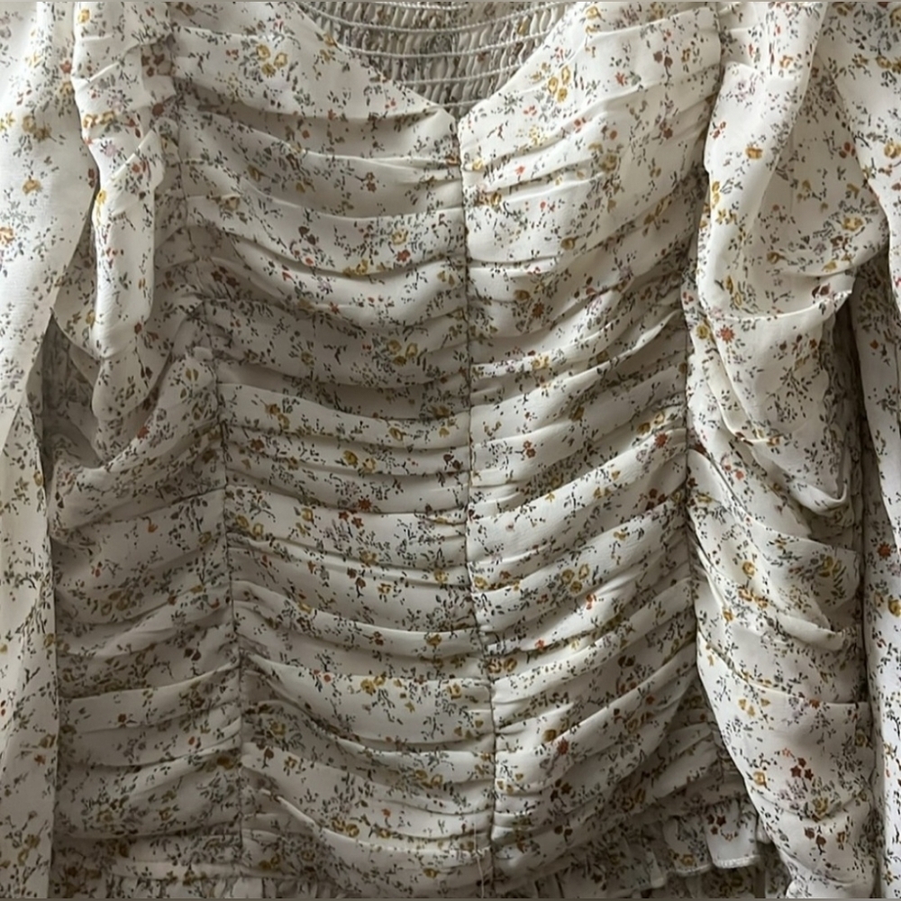 Altar’d State Floral Cream Yellow Smocked Gathered Long Slender Blouse Top Large - Picture 2 of 5